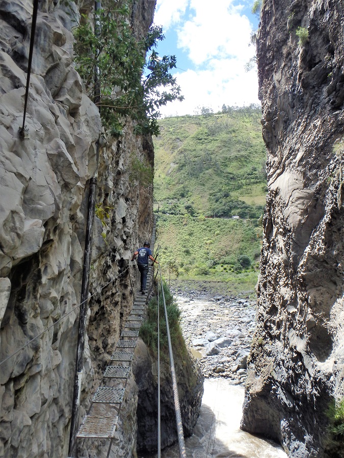 Rhys walking across the terrifying suspension bridge