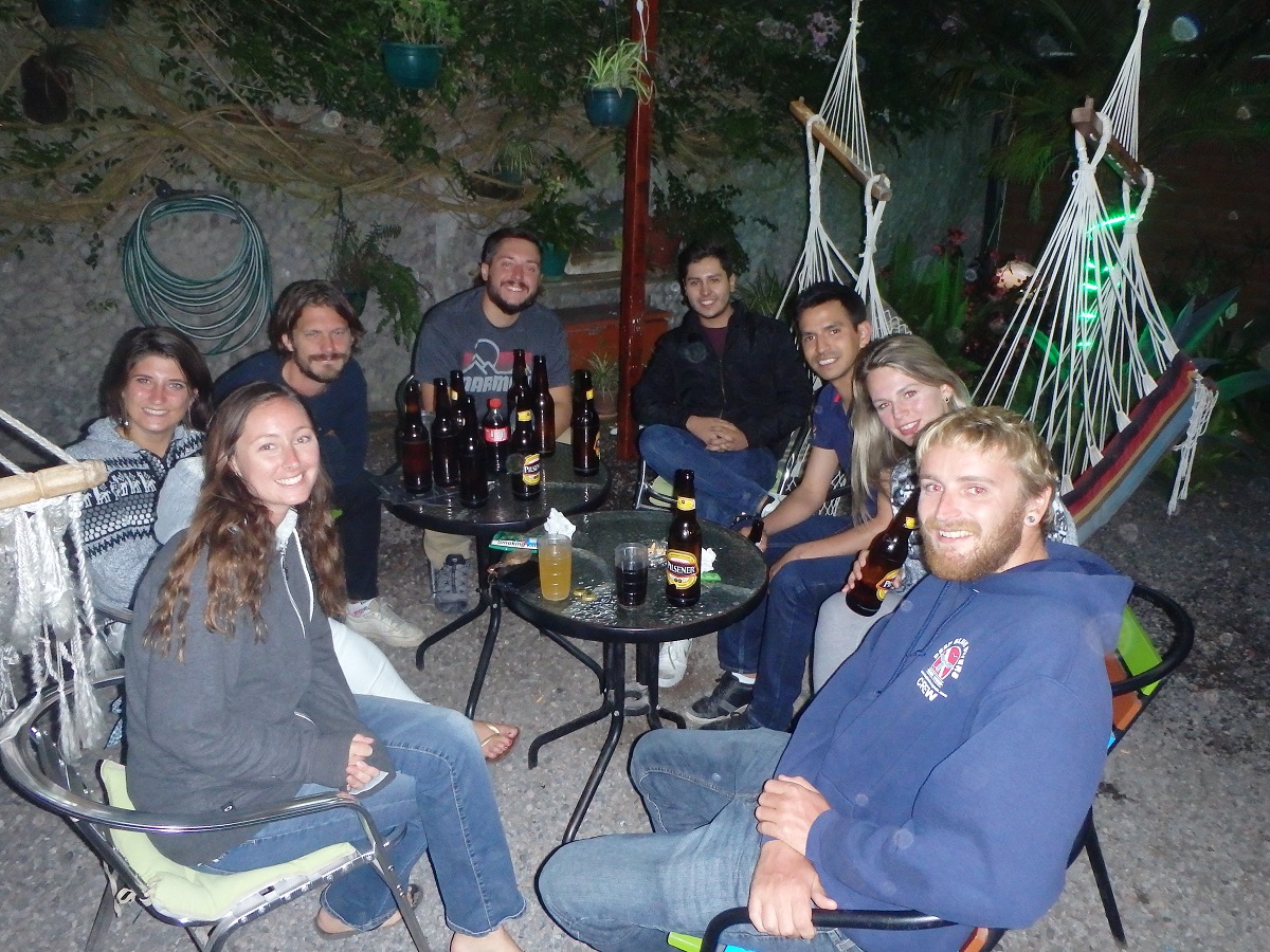 A big group of us enjoying a few beers outside our hostel