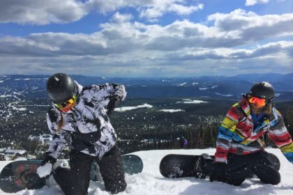 Rhys and I taking a break from riding to have a snowball fight in Big White Ski Resort